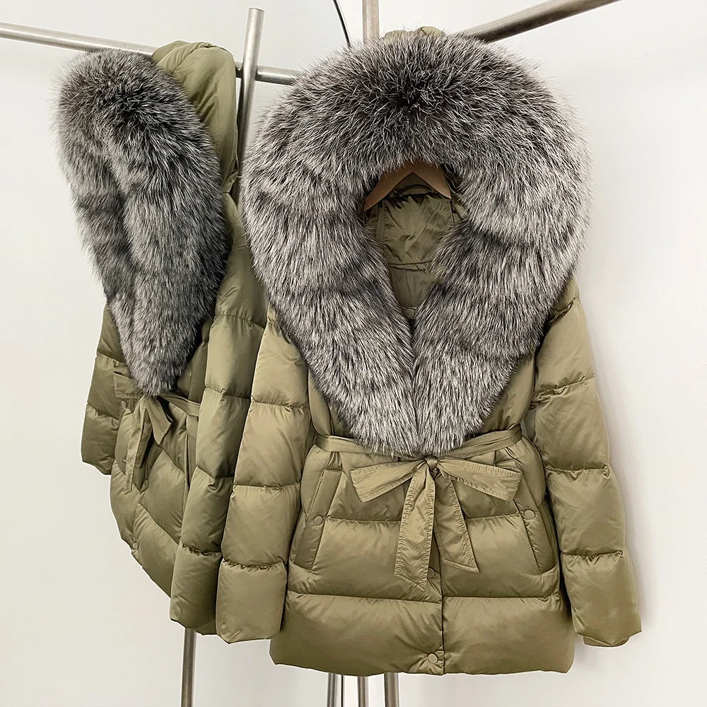 

New Winter Real Fox Fur White Goose Down Coat Female Thick Warm Real Fur Jacket Women Mid-length Style Fluffy Puffer Jacket