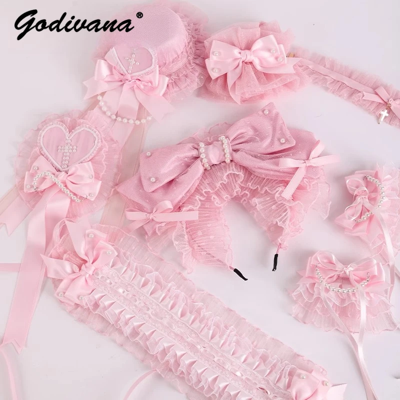 

Original Lolita Pink Hair Accessories Showa Cross Lovers Hat Headband Girls Bow Hairpin Hand Sleeve Pink Headwear Hairclips