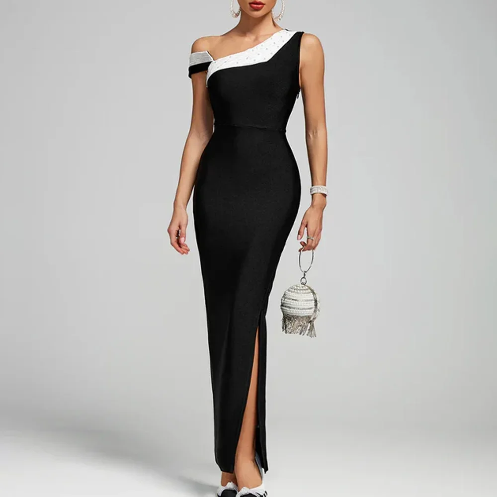 Abito lungo personalizzato con una spalla nero bianco perla Abiti da sera a trapezio Abiti da ballo formali squisiti di alta qualità da donna
