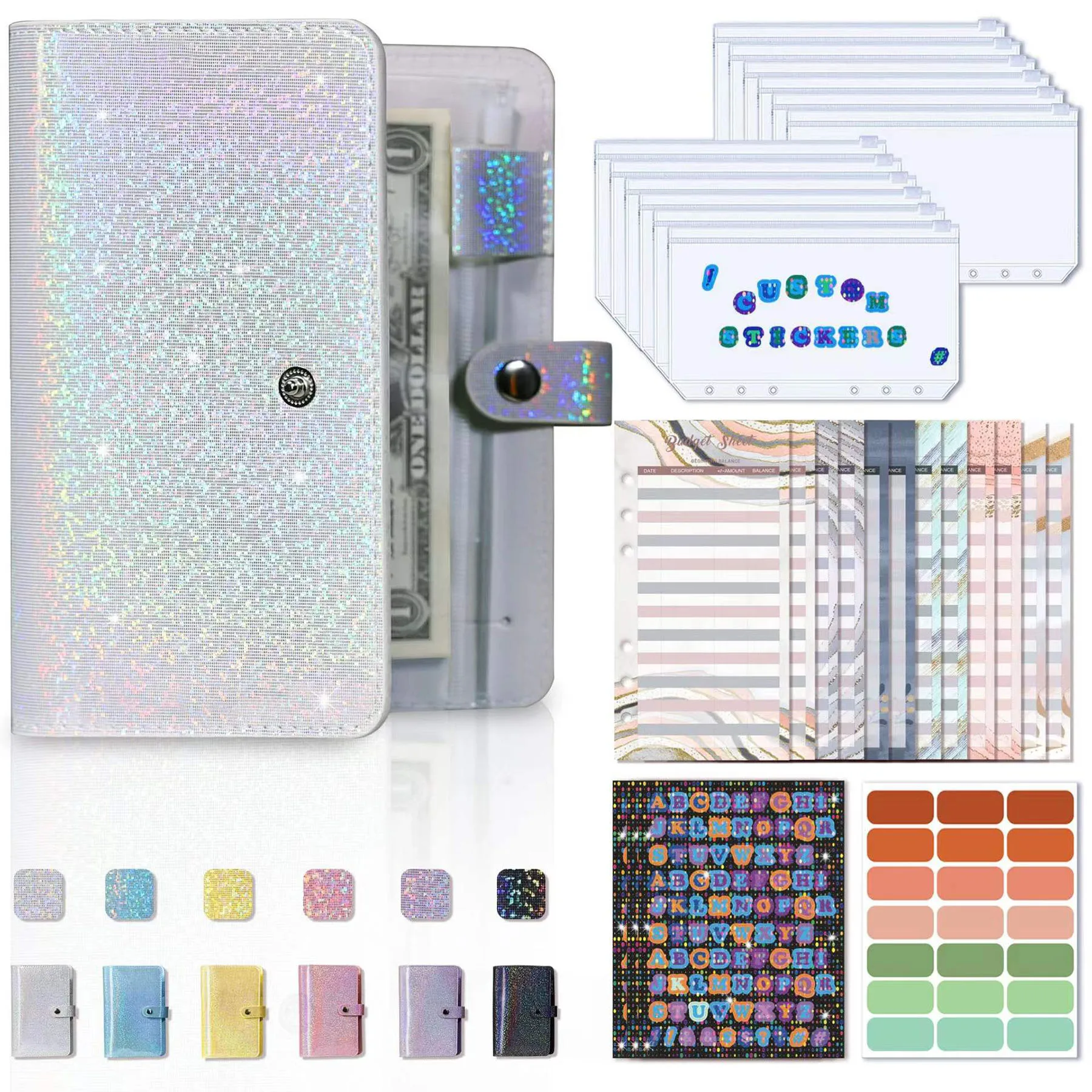 

A6 PU Leather Notebook Budget Binder Planner Personal Money Organizer, with 12 Budget Sheets 12 Zipper Envelopes and 4 Stickers