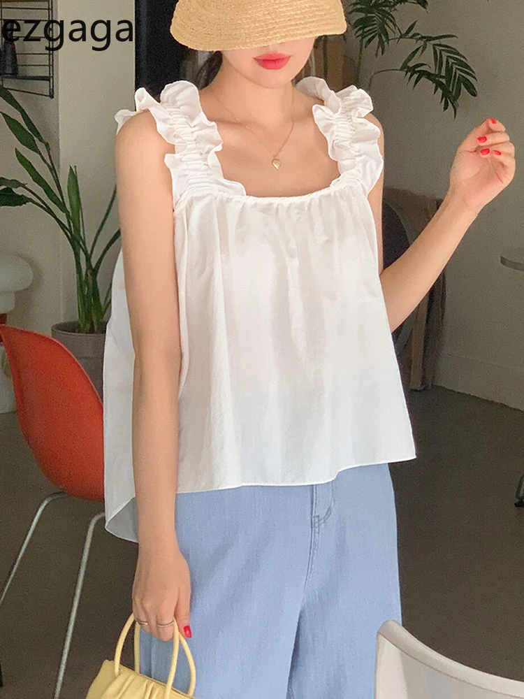 

Ezgaga Sleeveless Shirts Women French Style Ruffles Patchwork Summer Fashion Sweet Solid Blouse Female Casual Tops Elegant