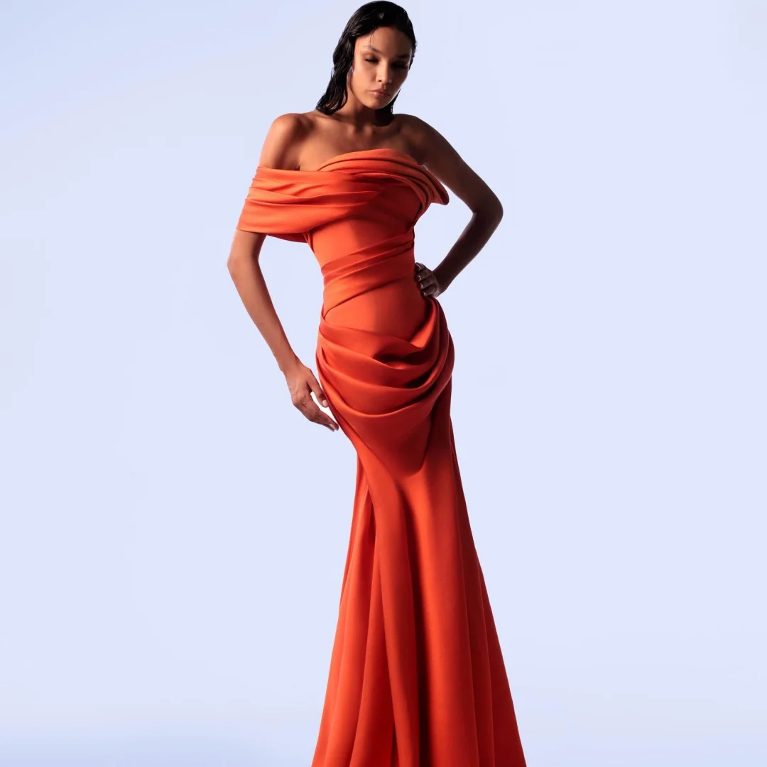 

Customized Exquisite Jersey Straight One Shoulder Evening Dresses Strapless Short Sleeves Zipper Back Panel Train Part