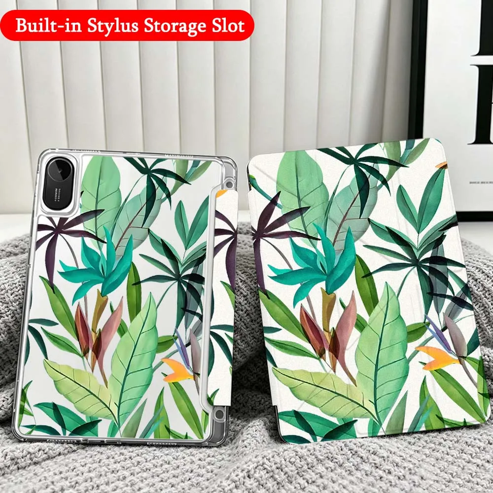 Tropical Leaf Pattern Case For Xiaomi Redmi Poco Pad 5 6 7 8 Pro SE 11 11.2 12.1 Inch Transparent Y-Shaped Folding Tablet