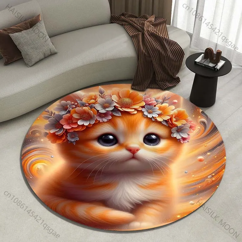 Cute kitten wearing floral wreath in dreamy backdrop Print round carpet living room sofa table large pet mat soft round carpet