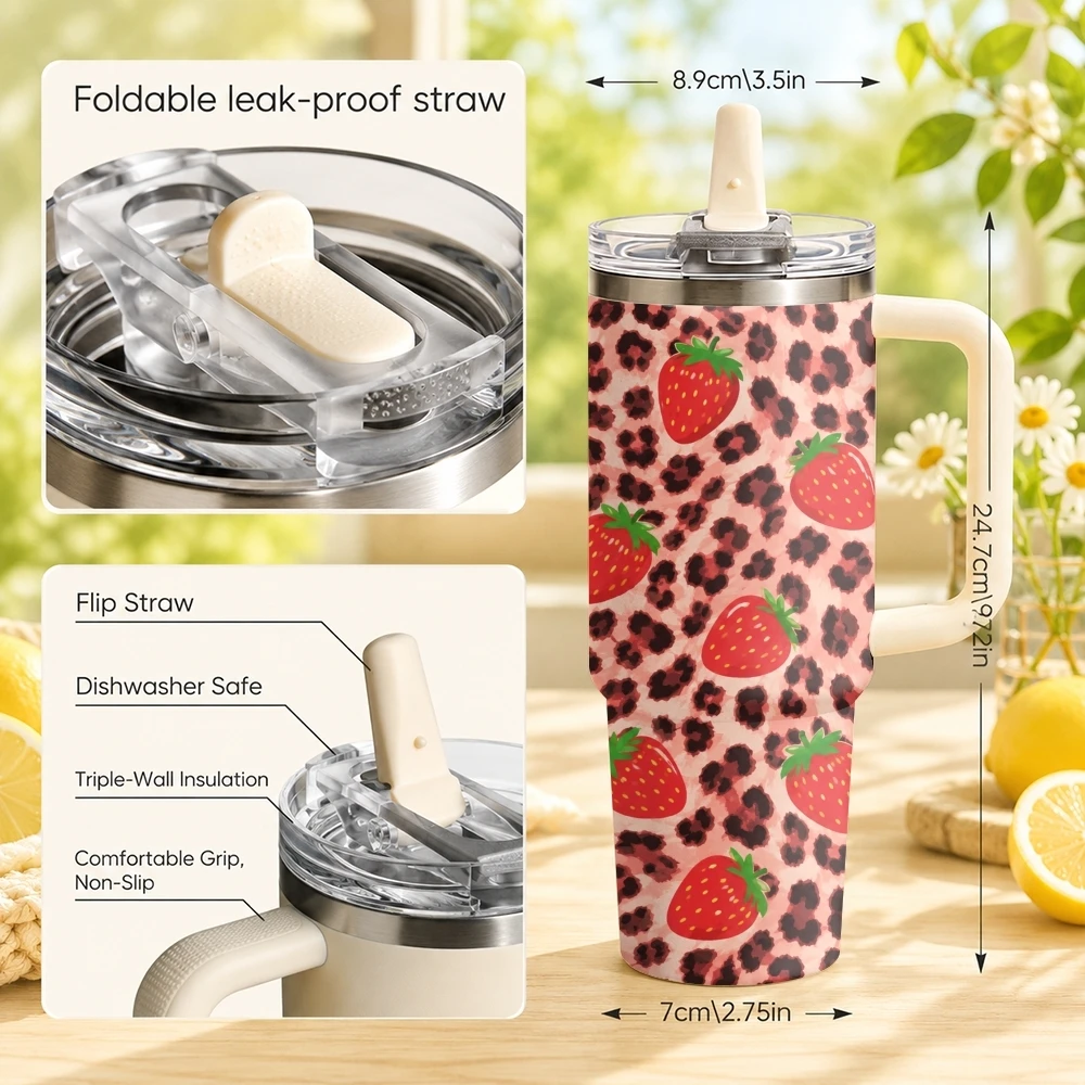 Leopard-Print Fruit Vacuum Flasks 40oz Stainless Steel Tumbler with Handle Straw Lid Vacuum Insulated Double Wall Leak Proof
