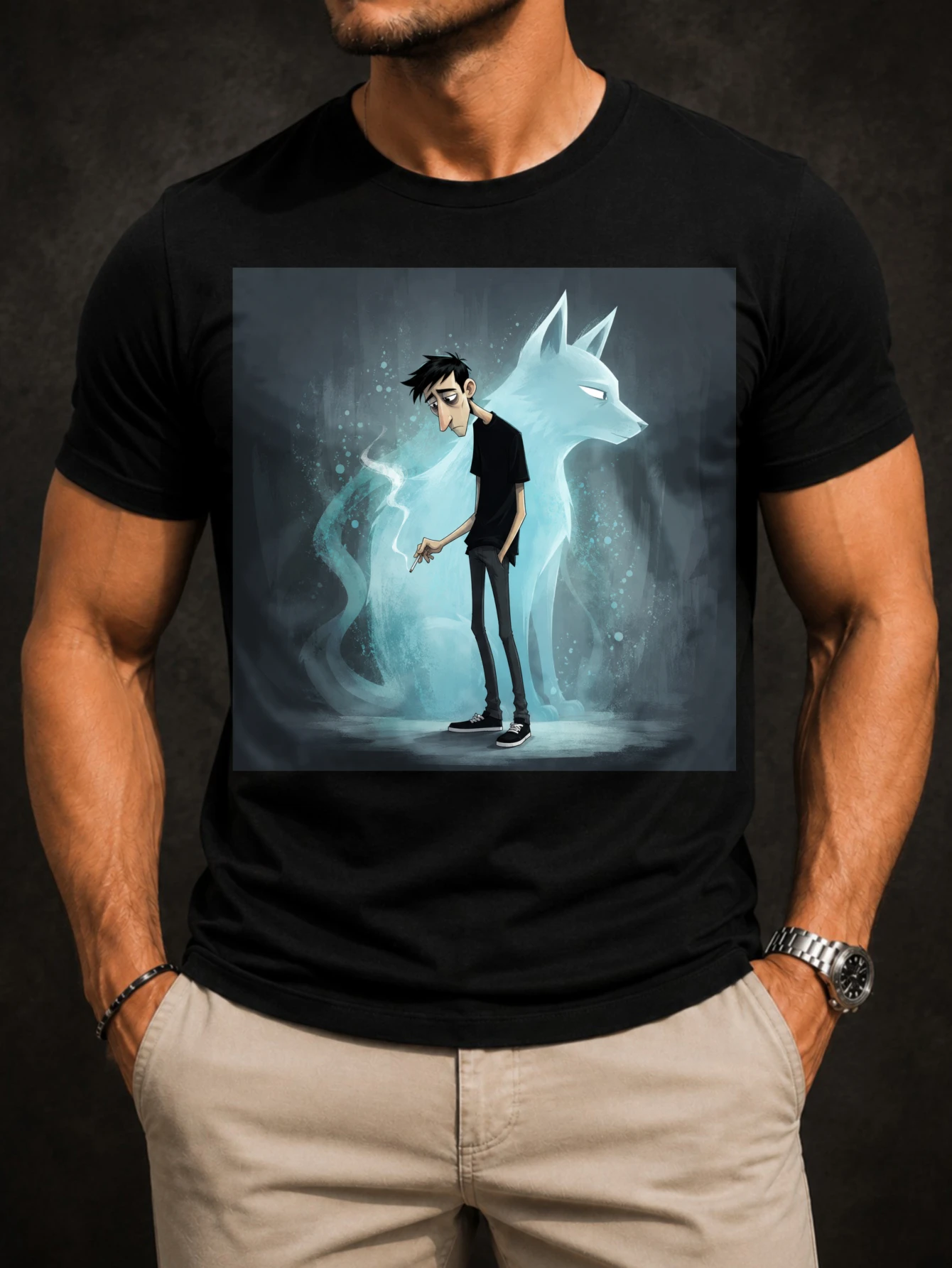 Dark Cartoon With Lonely Character Blue Spirit Animal Misty Background And Moody Illustration mes  Unisex All T-Shirt