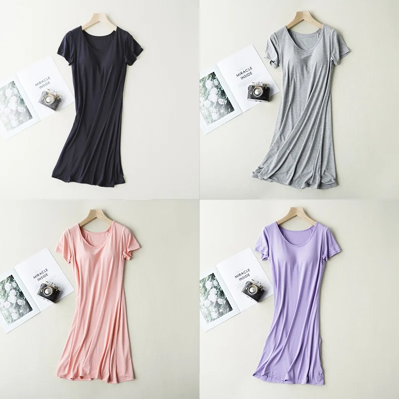 Women Solid Modal Nightdress With Chest Pad Comfort Short Sleeve Mid-Long Pajamas Casual Homewear Sleepwear With Built In Bra