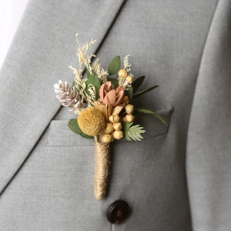 1pcs Dried Flower Bouquet Brooches Handmade Wedding Groomsmen Buttonholes Corsage Bridesmaid Flower Banquet Party Clothing Decor