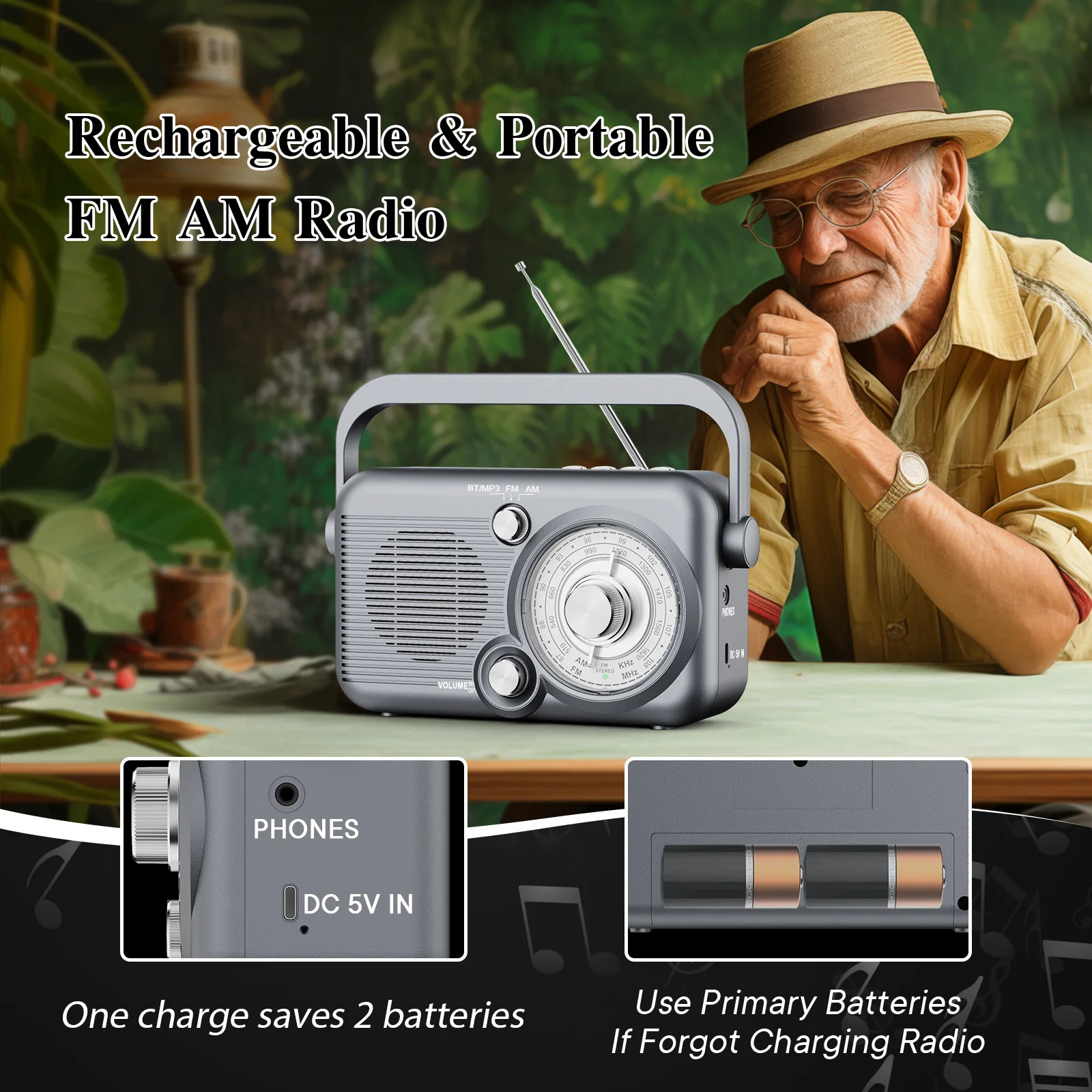Portable FM AM Radio Handheld Strong Signal Radios Wireless Bluetooth 5.3 Speaker Support TF Card U Disk Play 2000MAH Battery