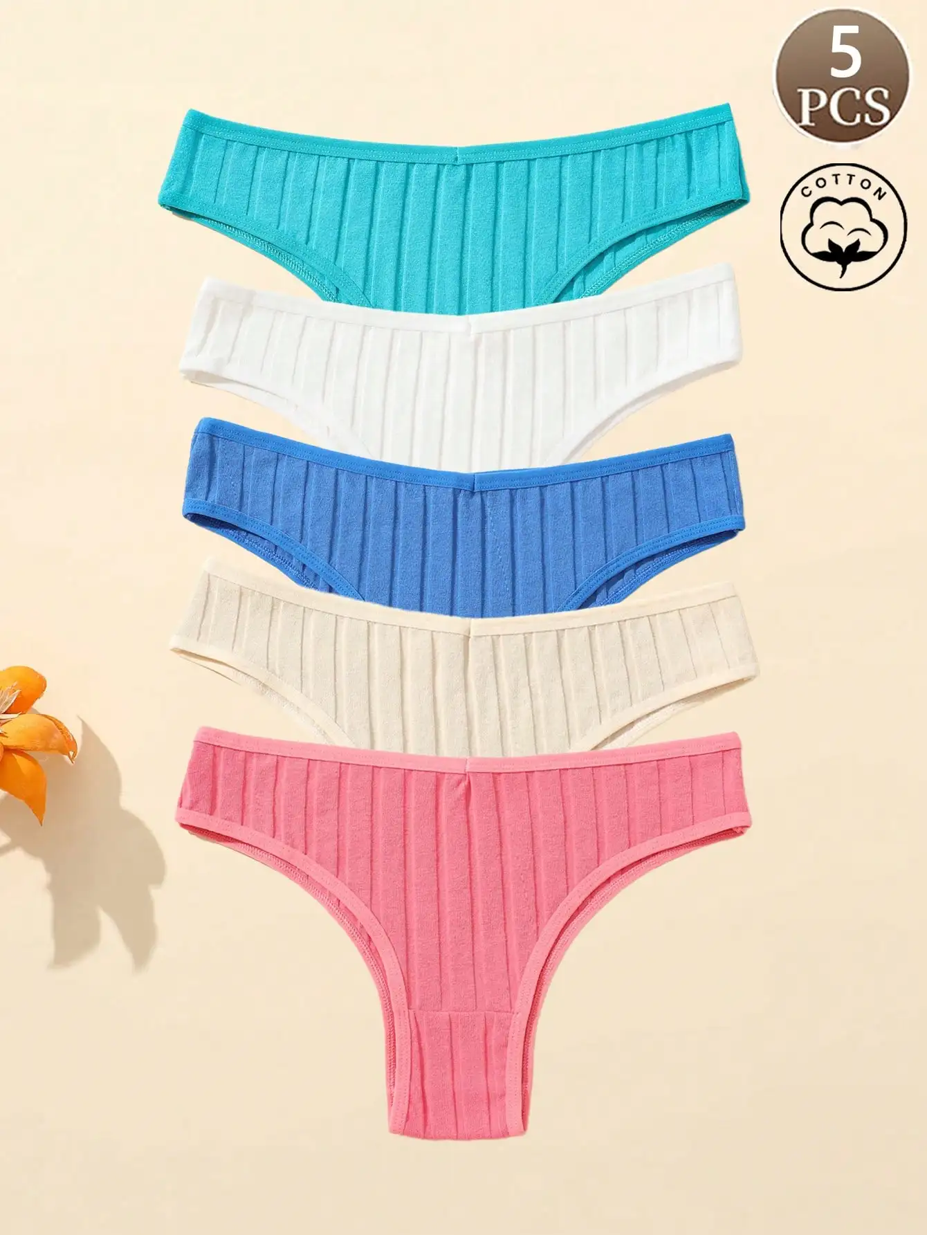 5PCs New Cotton Threaded Hip-lifting Women's Brazilian Pants Solid Color Low Waist Breathable Double Layer Girls' Panties Single