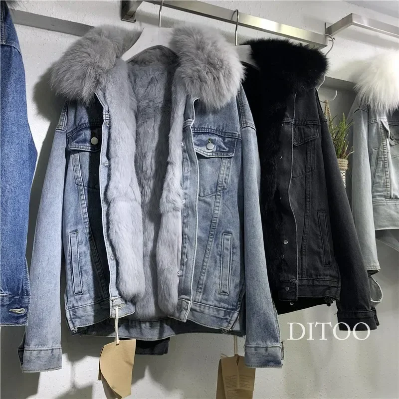 Mantel Denim wanita, mantel bulu kelinci imitasi kerah dapat dilepas jaket empuk Single-breasted untuk musim dingin wanita