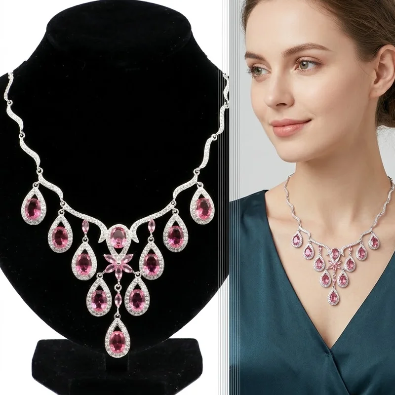 75x54mm Eye Catching 27g Pink Morganite Smokey Topaz Swiss Blue Topaz Iolite CZ Women Silver Necklace 18-19inch