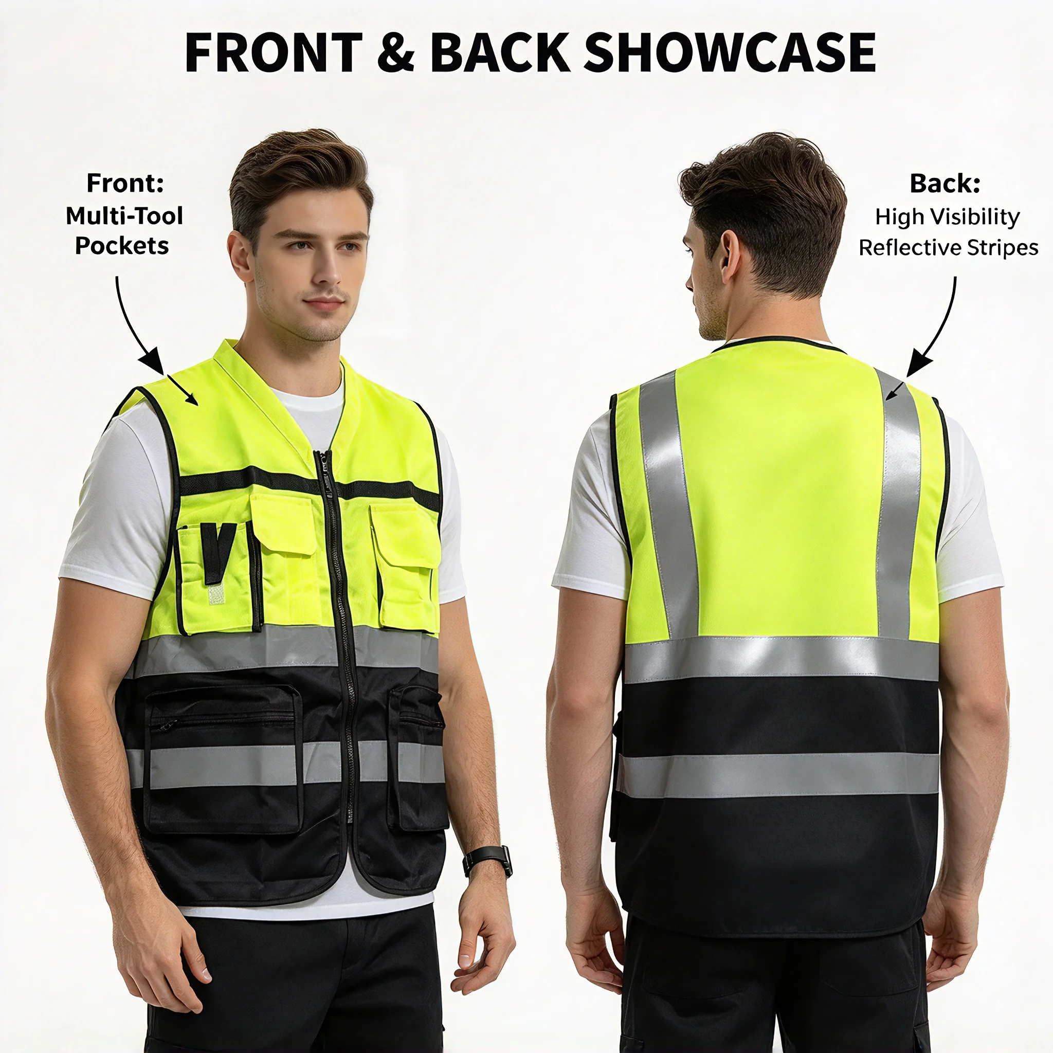 ANSI Class 2 High Visibility Safety Vest - Reflective Work Vest Neon Yellow Black Multi Pockets Zipper for Construction Workwear