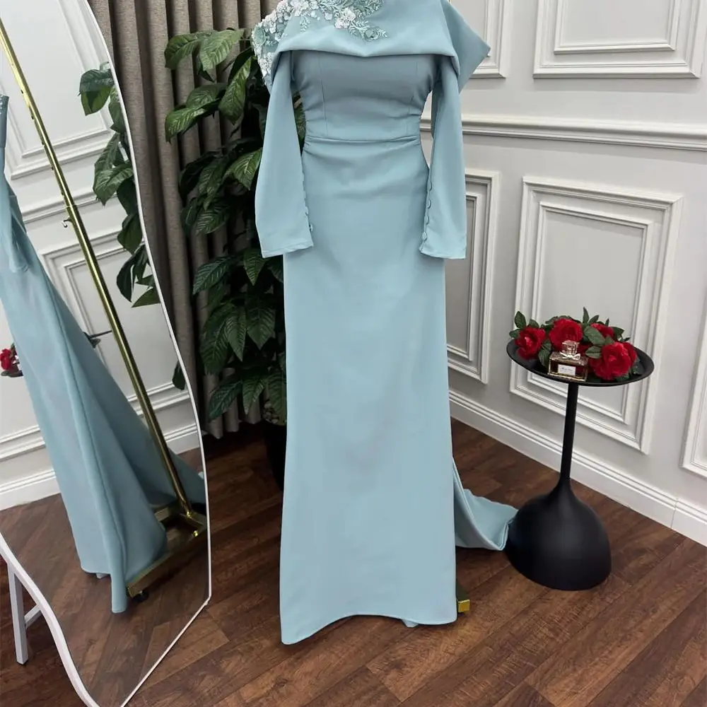 

Customized Blue Boat Neck Satin Evening Dress Long Sleeves Court Train Special Occasion Gowns Pearls and Buttons Celebrity Gowns