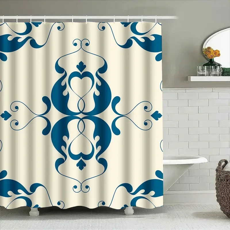 HI-Vintage Blue White Shower Curtain with Damask Pattern Luxury Waterproof Home Decor for Bathrooms