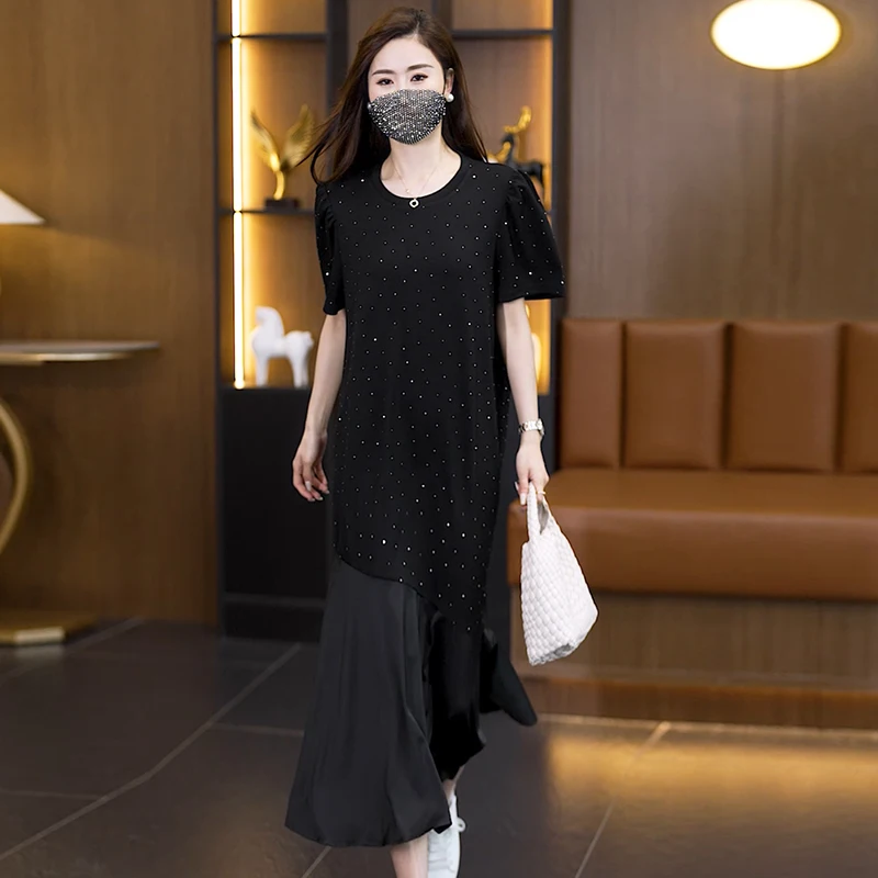 YZJNH 2024 Summer Long Dress Korean Edition Loose Round Neck Short Sleeve Panel Ruffle Hem Hem Black Large Size Dress