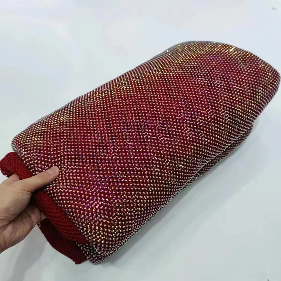 

Red AB Rhinestone Mesh Fabric Glass Crystal Trim Ribbon Elastic Strass Clothes Applique For DIY