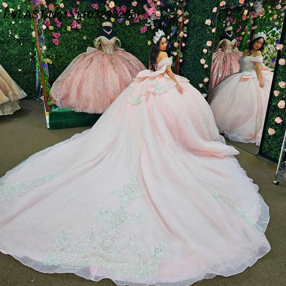 فستان Quinceanera وردي سباركلي مخصص من EVLAST فستان حفلة مزين بالترتر والدانتيل مطرز بالخرز الحلو 16 فيستدوس دي 15 أنوس E1QN674