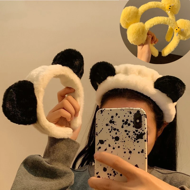 Charmant tête d'oreille de panda en fourrure méchante pour dames ; Cerceau en peluche pour le maquillage et le nettoyage du visage