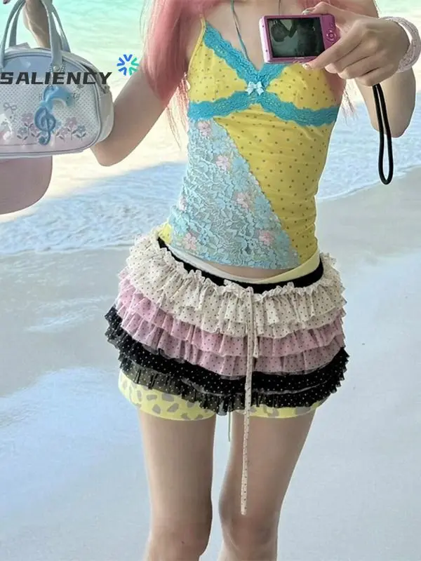 

Lolita Style Contrast Color Patchwork Cake Skirt with Flounce Women's Summer Micro Length Dopamine Print Millennial Skirt