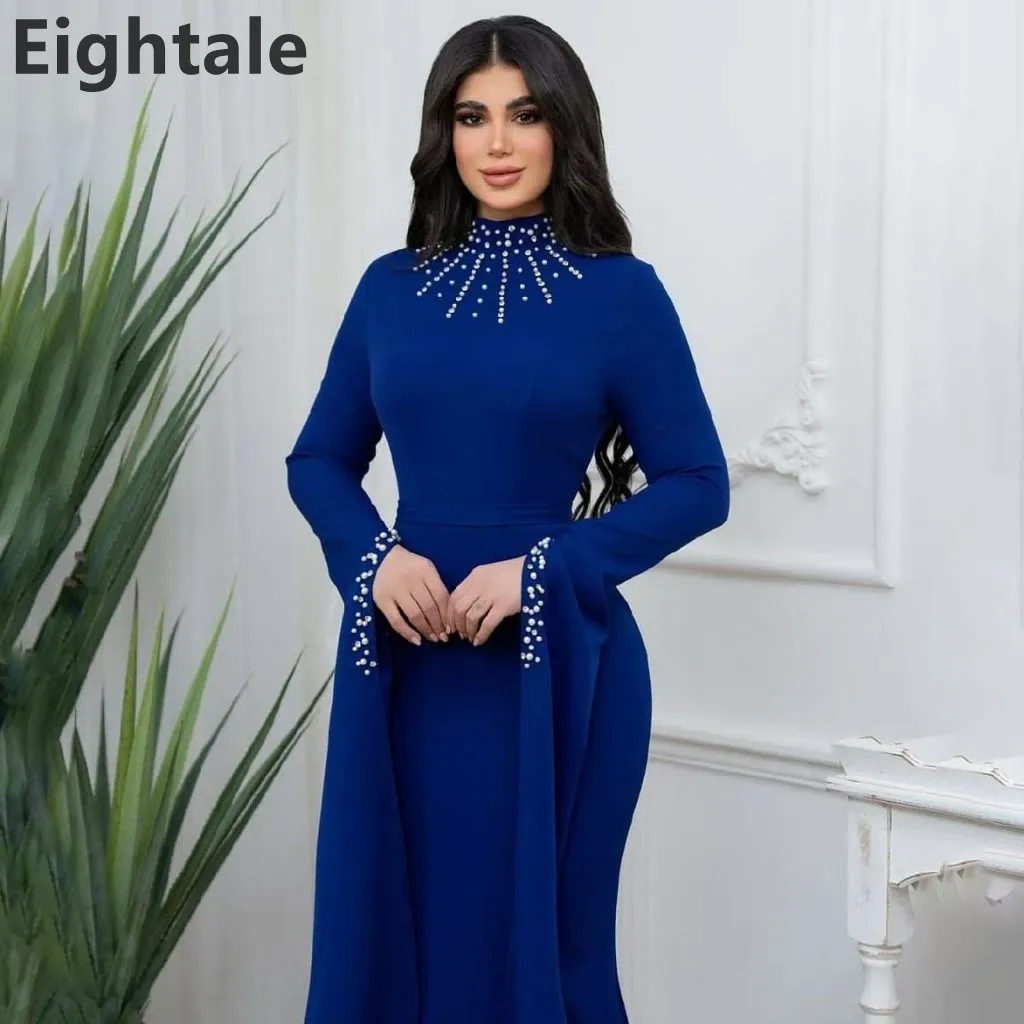 

Eightale 2025 Mermaid Jersey Royal Blue Evening Dress High Neck Beaded Prom Dress Saudi Arabic Party Gown Customized
