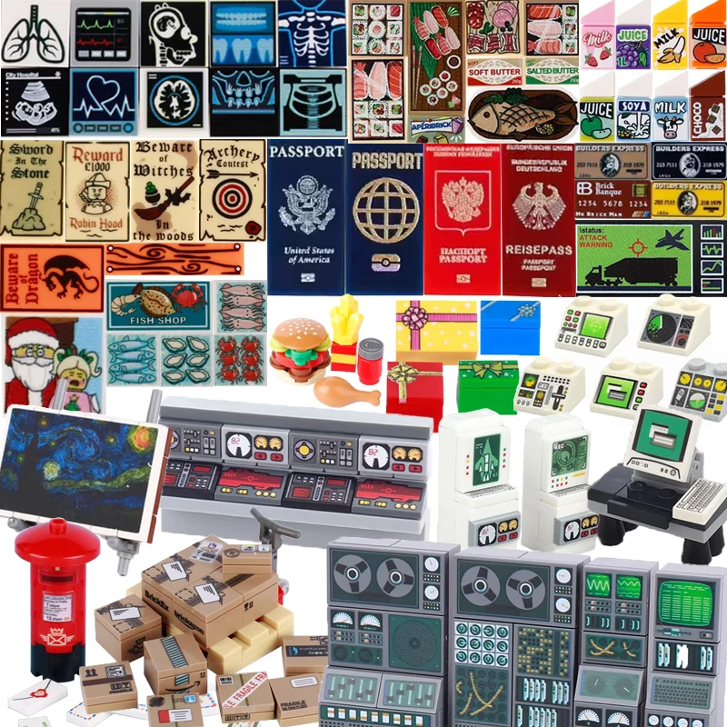 MOC Building Blocks Printed Mini Bricks Figures Decorations Computer Controllers Machine Model Accessories Food Signs DIY Toys