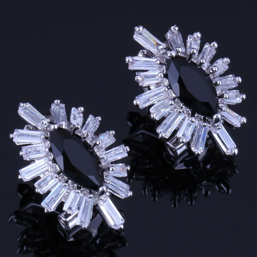 

Jolly Marquise Black Cubic Zirconia White CZ Fashion Jewelry Silver Plated Clip Hoop Huggie Earrings V0895
