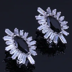 Jolly Marquise Black Cubic Zirconia White CZ Fashion Jewelry Silver Plated Clip Hoop Huggie Earrings V0895