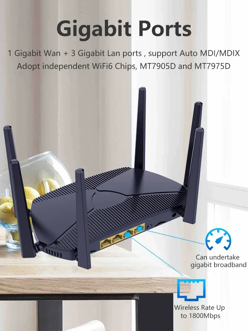 Roteador Wi-Fi de antena de alto ganho para casa, banda dupla, AX1800, 1800Mbps, WIFI6, 5ghz, flash 128MB, 512MB de RAM, 1000Mbps, LAN