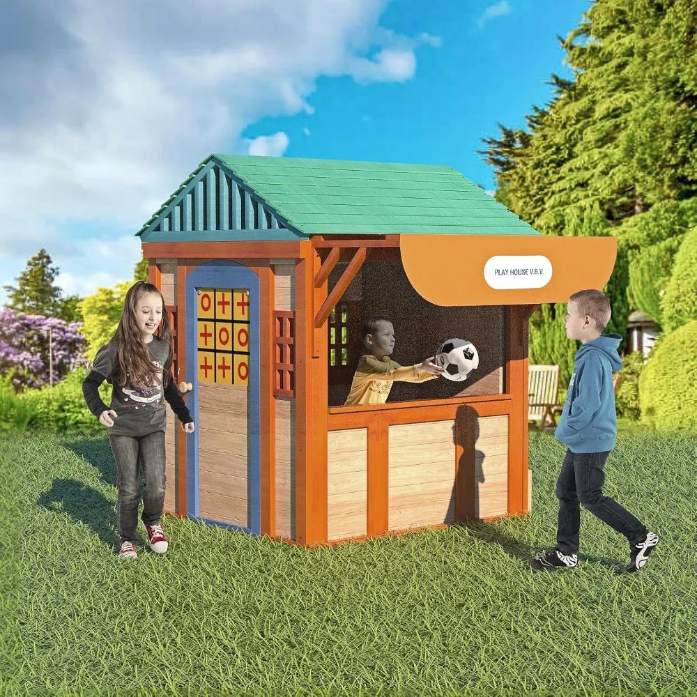 Outdoor Wood 4-in-1 Game House for All Kids, Boys and Girls Ages 3+, Garden Playhouse with Different Games on Every Surface