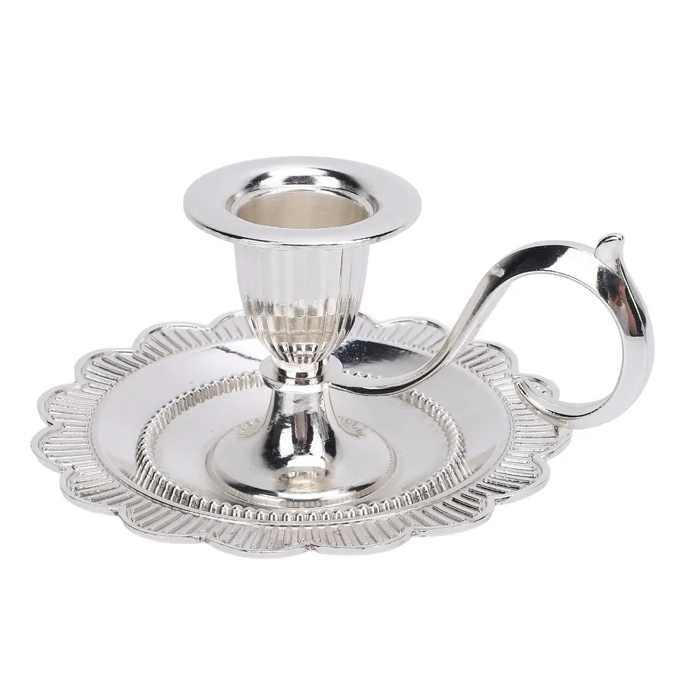 Zinc Alloy Candlestick Holder Handle Stand European Style Taper Candle Holder Drip Catcher Tray Solid Finish