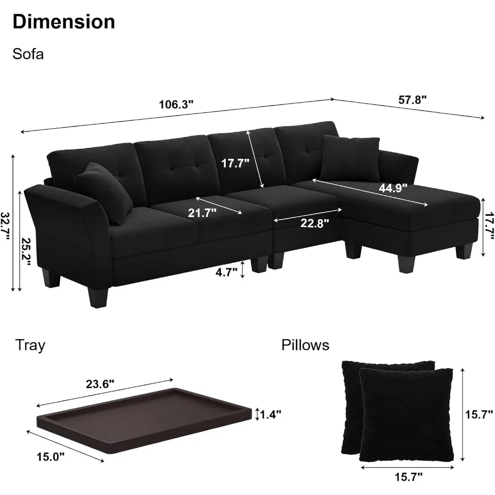 Convertible Sectional Couch Velvet L Shaped Sofa 4 Seat Sofa with Chaise L-Shaped Couches Reversible Sectional Sofa (Bla