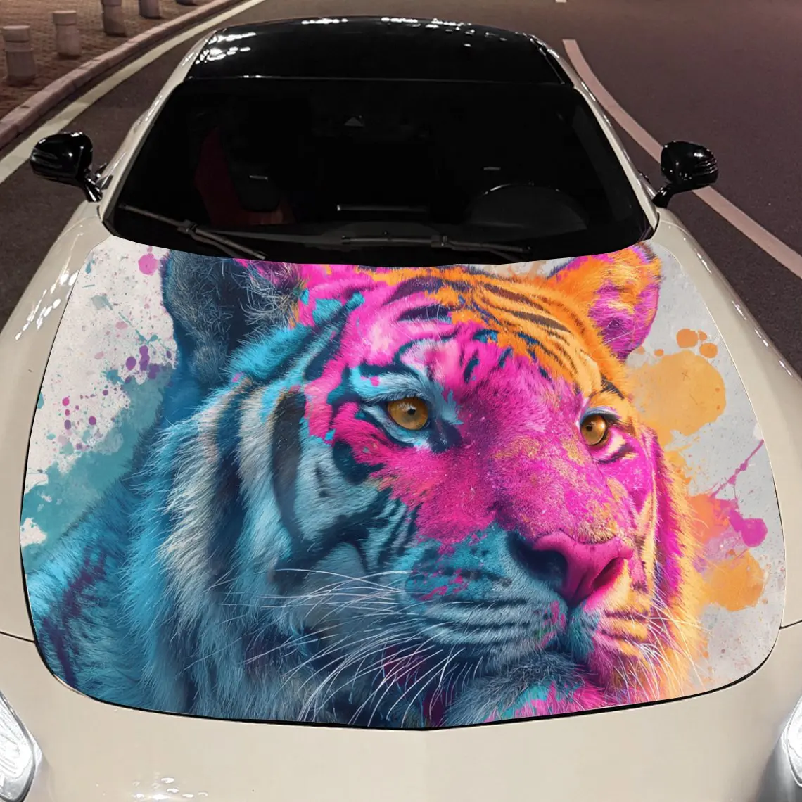 Painting Tigers in Color Car Hood Vinyl Stickers Car Surface Protection Decal Car Decoration Cover Vinyl Wraps Waterproof Self-a