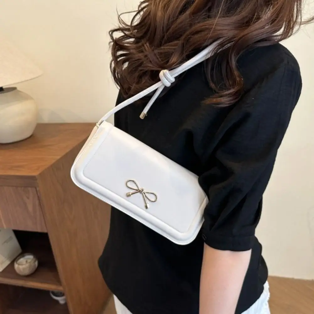 

Portable Solid Color Bowknot Shoulder Bag PU Leather Square Bow Crossbody Bag Sweet Leisure Armpit Bag Female