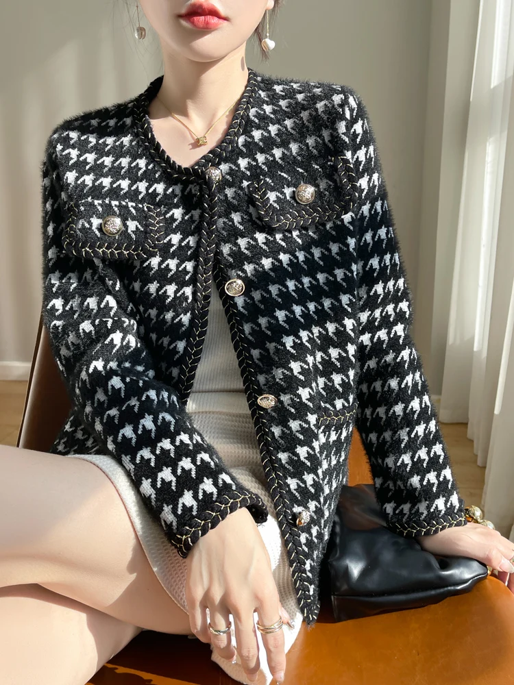 

Spring Autumn Winter New Sle Little Fraance Knitted Open Cardigan Sweater Women Outerwear round Ne Loose Long Sve