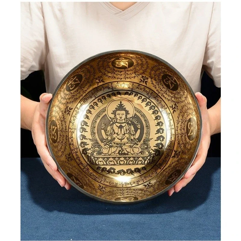 Bronze Bowl Meditation Bowl Sound Bowl, Yoga Supplies Green Tara Yellow God of Wealth Carved Statue Ornament
