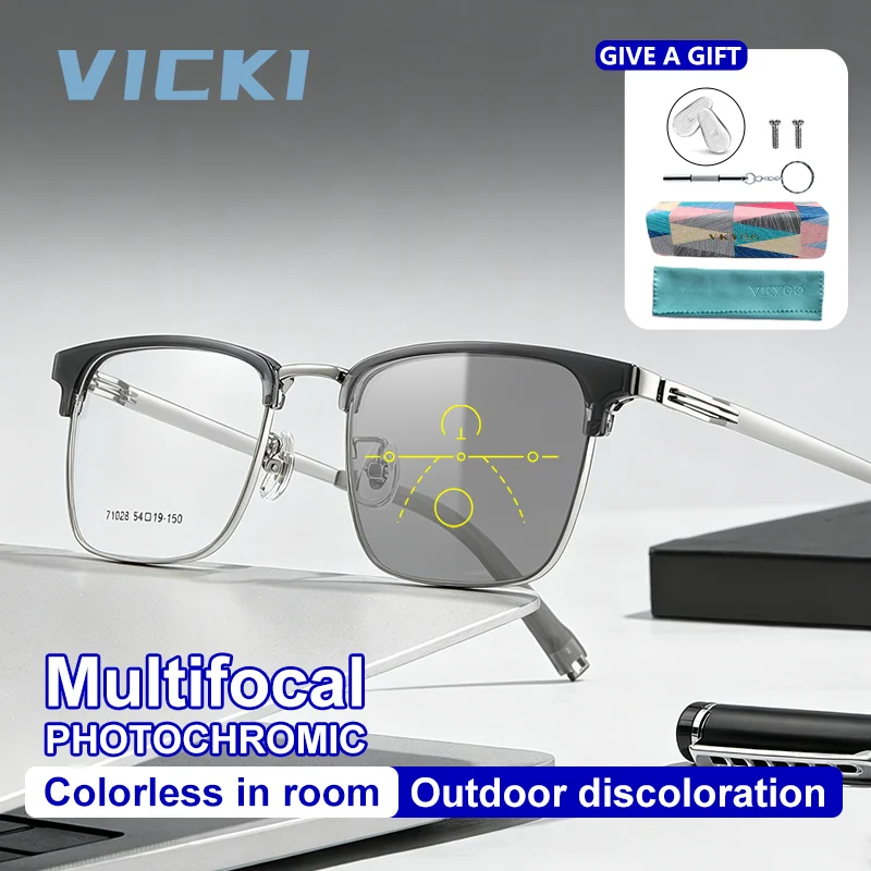 VICKI Minimalist Business Casual Men's Progressive Multifocal Blue Light Blocking Photochromic Glasses Customizable Prescription