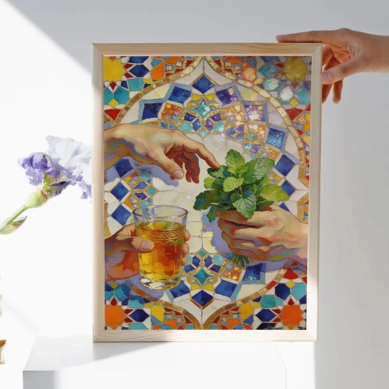 Marokkanischer Minztee Wandkunst, Impressionistische Zellige-Malerei, Surreale Kunst Schwebende Hände Leinwanddruck