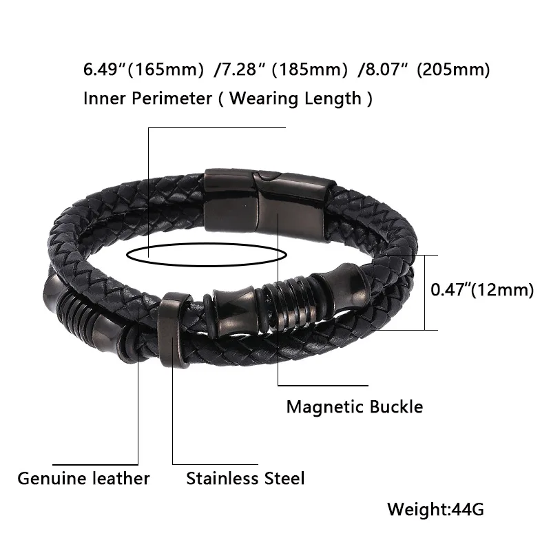 Premium Genuine Leather Bracelet for Men Black Magnetic Stainless Steel Clasp in Black Silver and Gold Exclusive Jewellery Gift