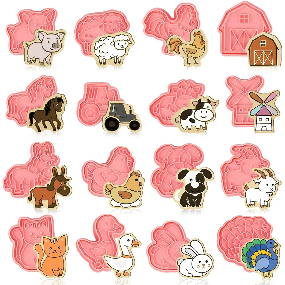 

16PCS Farm Animal Cookie Mold Dough Stamp Plastic 3D Cartoon Pressable Cookie Mold DIY Candy Cake Baking Tools Pastry Decoration