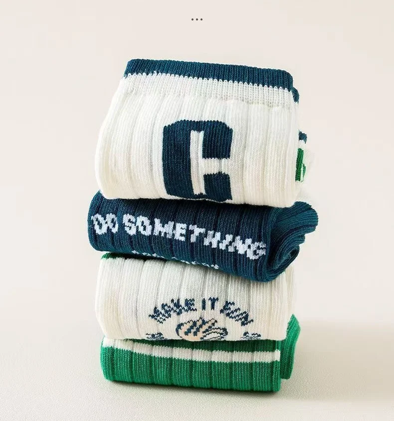 10 Pairs Kids Retro Letter Striped Crew Socks Cotton Breathable Mid Calf Socks Boys Girls 3-12T School Daily Children Socks