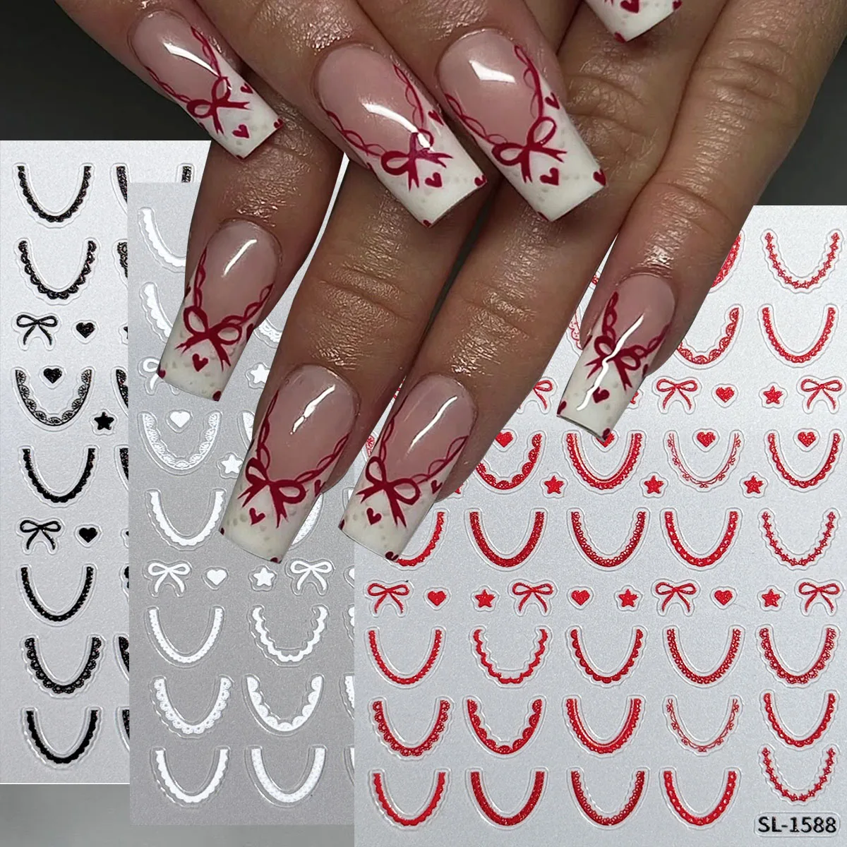 2 Stück Niedliche Rot-Schwarz-Weiße Schleifenband-Design Nagelkunst-Aufkleber Herzchen Stern Schleifenknoten Design Selbstklebende Abziehbilder Französische Dekoration