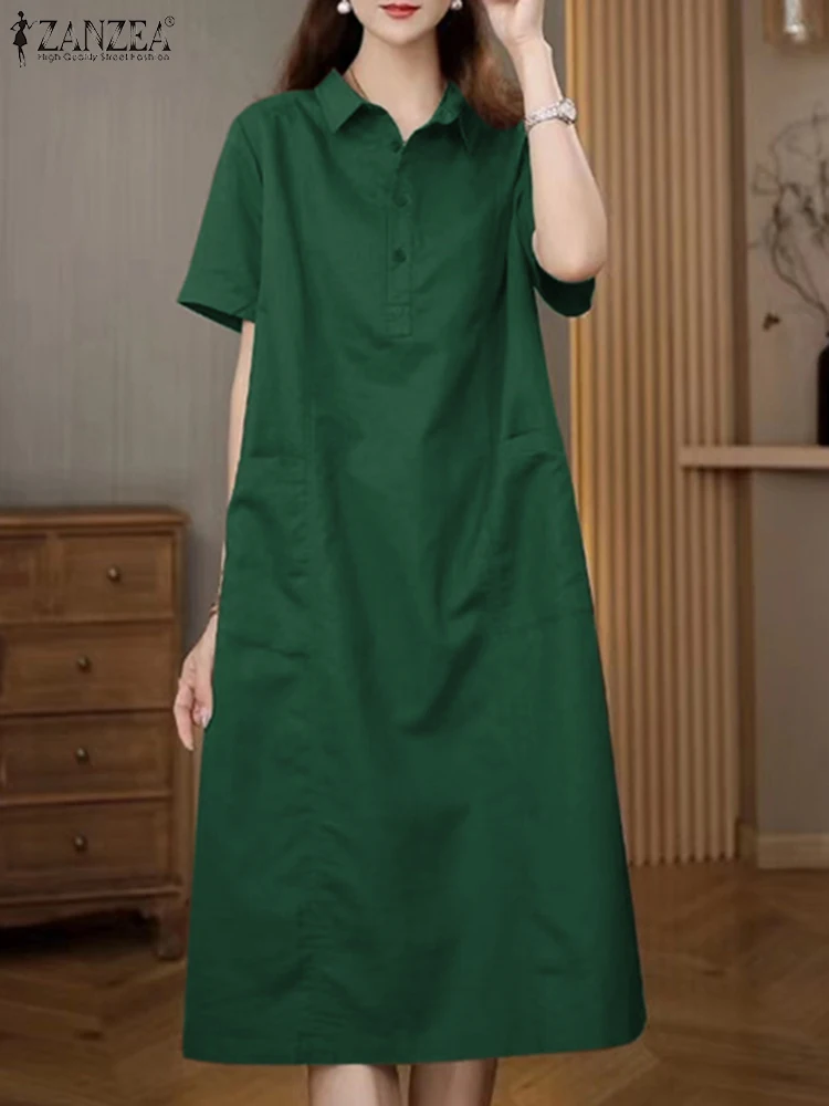 

Women Midi Dress ZANZEA Elegant Solid Work Shirt Vestido Robe Femme Casual Party Fashion Summer Lapel Neck Short Sleeve Sundress