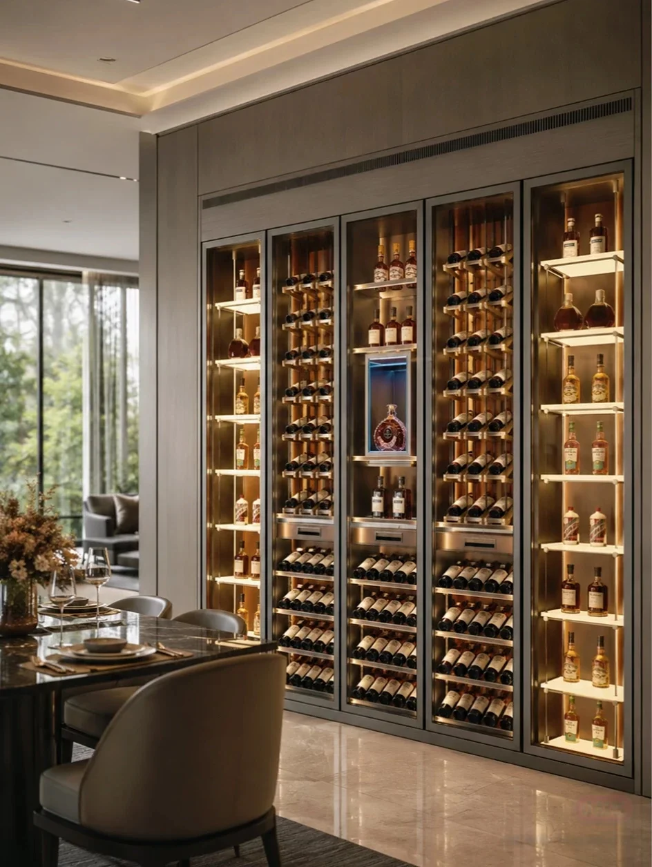 Luxury Modern Built-in Constant Temperature Solid Wood Eco-Friendly Wine Cabinet 5 Doors Large Capacity Light Custom Home
