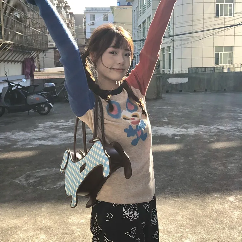 Karrram Japanese Y2k Knitted Tops Vintage Harajuku Graffiti Print Long Sleeve T-shirt 2000s Aesthetics Ribbed Patchwork Tops 90s