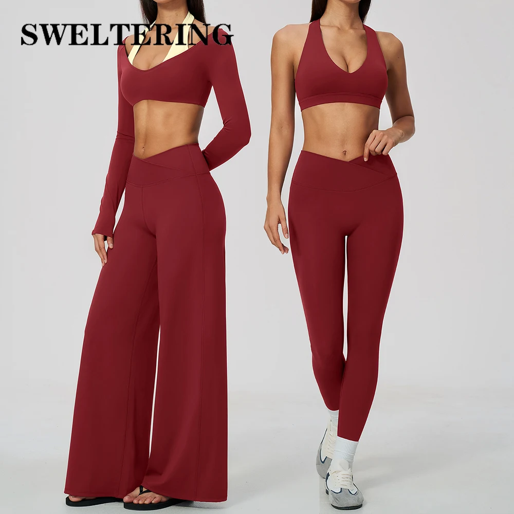 2PCS Yoga Set Women Contrast Color Sports Bra High Waist Flared Pants Soft Quick Dry Breathable Long Sleeve Gym Running Clothes