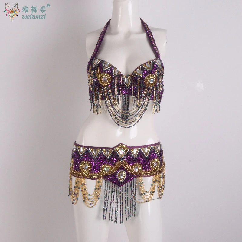 Sexy menina traje de dança do ventre usar frisado lantejoulas barra + cinto 2pc conjunto senhoras trajes de dança do ventre roupas