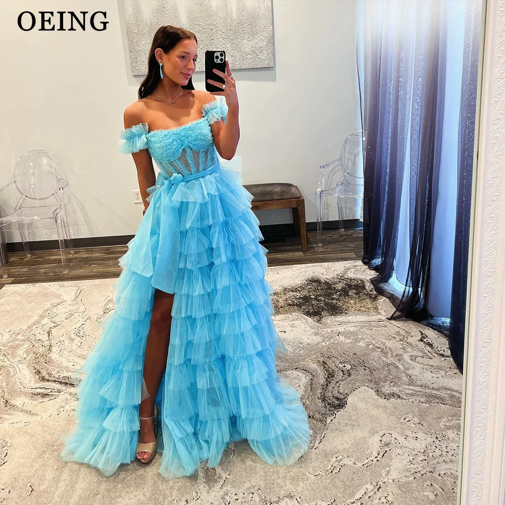 

OEING Light Blue Tiered Ruffles Party Dresses A Line Sweep Train Layered Evening Dress Pleats Special Occasions Prom Gowns