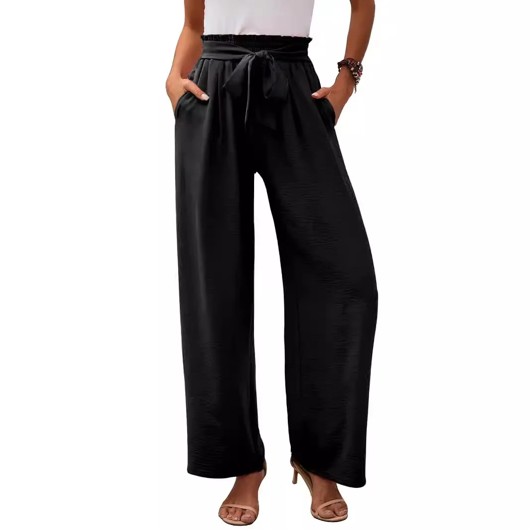 Women's Lightweight High Waist Wide Leg Casual Pants with Pocket Adjustable Lace Knot Loose Fit New