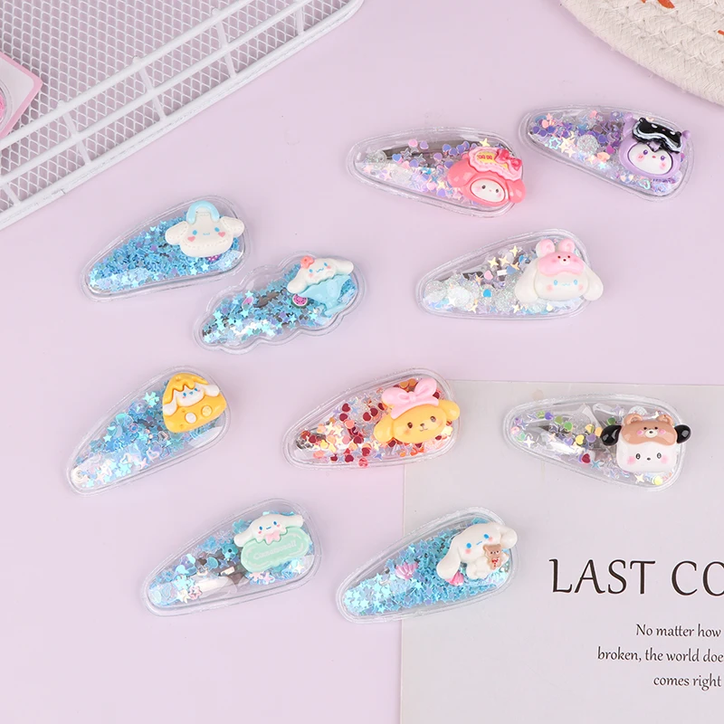 5Pcs Sanrio Kuromi Girls Hairpins Kawaii Cinnamoroll Baby Hairclip Melody Princess Flowing Sand Hair Barrette Sanrio Accessories